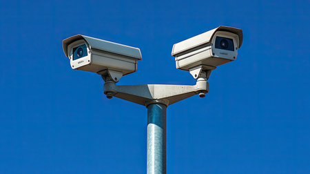 Two sleek surveillance cameras on a single pole, set against a deep blue sky, providing advanced security solutions and surveillance in public spaces.の素材