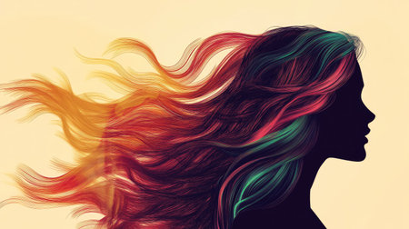 Silhouette of vibrant hair blowing gently in the wind, set against a subtle beige background for a lively and natural feel.の素材