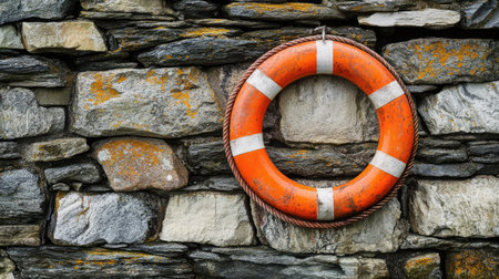 Stone wall features a vivid life ring, illustrating essential maritime equipment and its placement in safety-conscious environments.の素材