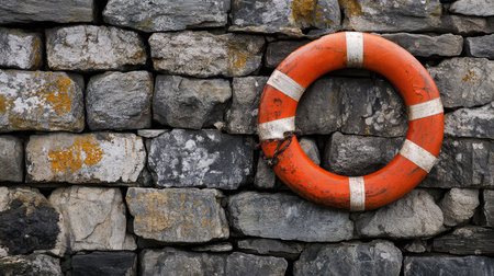 Stone wall features a vivid life ring, illustrating essential maritime equipment and its placement in safety-conscious environments.の素材
