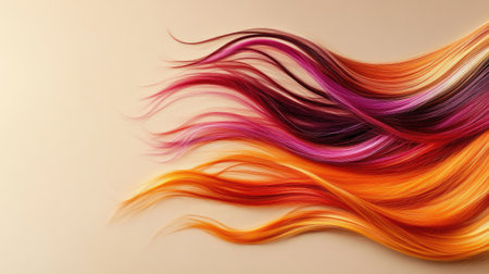 Vibrant hair strands lifting naturally in a playful motion on a beige backdrop, highlighting liveliness and healthy bounce.の素材