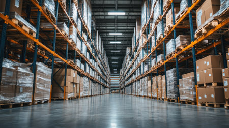 View of stored inventory in a large logistics warehouse with neatly organized shelves and pallets. Emphasizes efficient warehouse management and stock handling.の素材