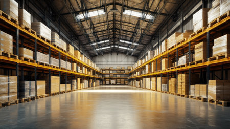 Warehouse interior with stored inventory arranged on pallets and shelves. Great for showcasing effective storage solutions and stock management practices.の素材
