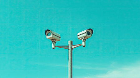Two surveillance cameras affixed to a pole, standing out against a serene blue sky, providing robust surveillance and security in a public space. --の素材