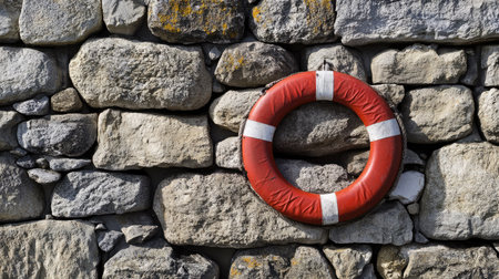 Stone wall backdrop with a prominently displayed life ring, highlighting its role in providing safety and rescue at sea.の素材