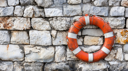 Stone wall features a vivid life ring, illustrating essential maritime equipment and its placement in safety-conscious environments.の素材