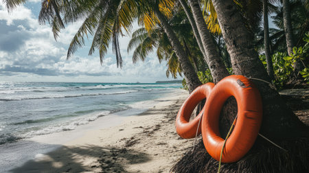 Rescue tubes attached to palm trees on a serene beach, illustrating how emergency equipment is integrated into tropical environments.の素材