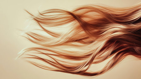 Wavy, lively hair captured in graceful motion on a neutral beige background, highlighting natural texture and vibrant movement.の素材