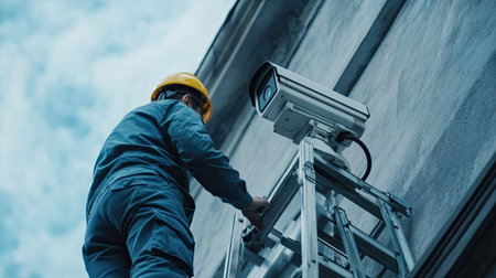 Video surveillance system installation in progress with a master standing on a stepladder, focusing on the setup and repair of CCTV equipment.の素材