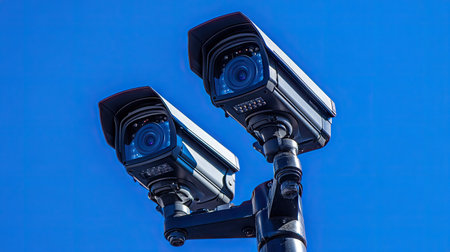 Two modern surveillance cameras mounted on a pole against a clear blue sky, providing comprehensive security coverage for urban environments.の素材