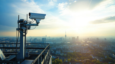 Rooftop CCTV surveillance camera positioned near antennas and other equipment, with a panoramic view of the city. Focuses on its integration into building infrastructure. -の素材