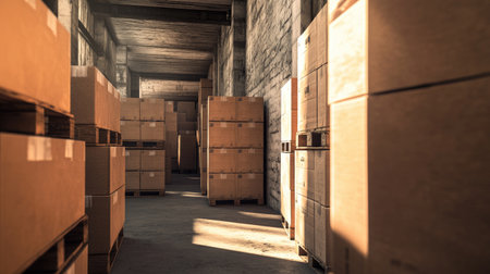 Warehouse interior with cardboard boxes stacked on pallets, illustrating the logistics and organization involved in package shipment and delivery.の素材