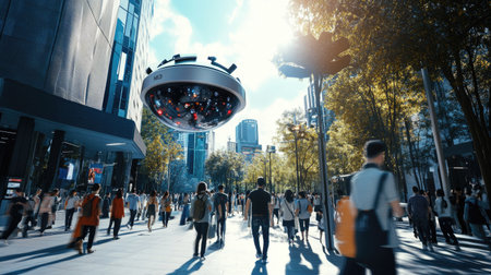Urban setting with an HD camera equipped with AI facial recognition, capturing pedestrians and processing data in real-time for enhanced city security.の素材
