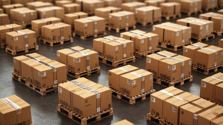Rows of cardboard boxes on pallets in a large warehouse, ready for shipment. Emphasizes freight transportation and delivery logisticsの素材