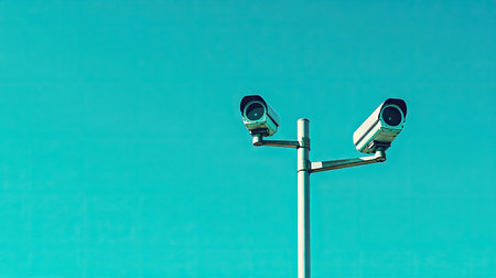 Side view of a pole with two surveillance cameras against a vivid blue sky, illustrating their role in ensuring continuous security and observation.の素材