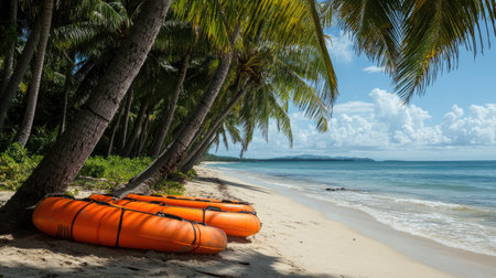 Rescue tubes attached to coconut palms on the beach, illustrating beach safety equipment and its strategic placement for quick access during emergencies.の素材