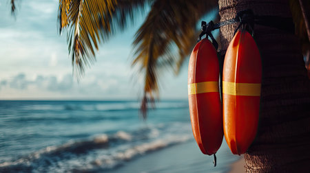 Rescue tubes displayed on palm trees by the beach, ready for use in emergencies and highlighting their role in ensuring safety at coastal locations.の素材