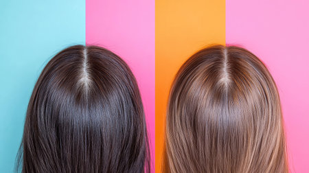Side-by-side images of a woman scalp before and after dandruff treatment, arranged in a collage with bold color backgrounds. Focus on hair and scalp health.の素材