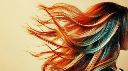 Vibrant hair strands lifting naturally in a playful motion on a beige backdrop, highlighting liveliness and healthy bounce.の素材