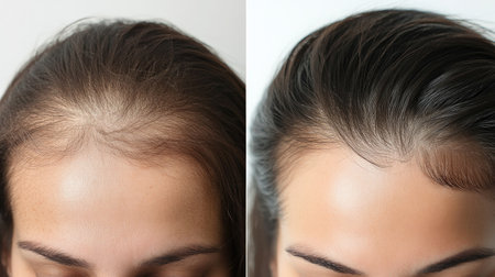 Side-by-side before and after photos of a woman with a receding hairline at her forehead and parting, emphasizing hair loss recovery. Close-up, front view comparison.の素材