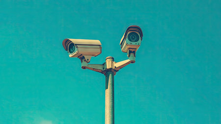 Two security cameras positioned on a pole, contrasted against a bright blue sky, designed to deliver reliable surveillance and safety monitoring.の素材