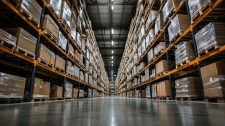 View of stored inventory in a large logistics warehouse with neatly organized shelves and pallets. Emphasizes efficient warehouse management and stock handling.の素材