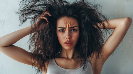 Unhappy woman examining her damaged hair while grabbing it with both hands, showing rough texture and split ends.の素材