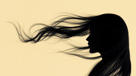 Silhouette of vibrant hair blowing gently in the wind, set against a subtle beige background for a lively and natural feel.の素材