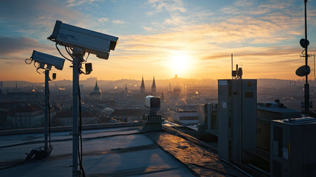Rooftop CCTV surveillance camera positioned near antennas and other equipment, with a panoramic view of the city. Focuses on its integration into building infrastructure. -の素材