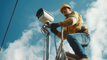 Technician on a stepladder carefully installing a CCTV camera, showcasing the process of setting up a video surveillance system for security purposes.の素材