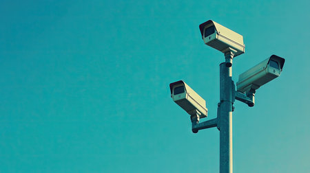 Two security cameras positioned on a pole, contrasted against a bright blue sky, designed to deliver reliable surveillance and safety monitoring.の素材