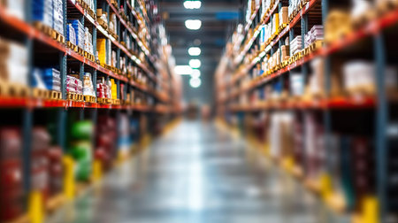 Spacious warehouse with a blurred background of shelves filled with goods, emphasizing the scale of logistics and industrial organization.の素材