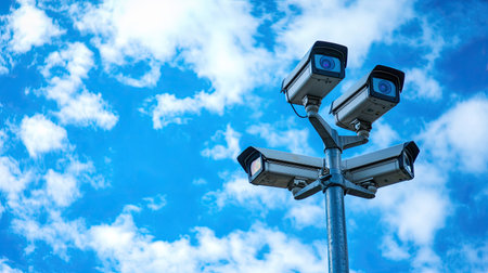 Two surveillance cameras mounted on a pole with an expansive blue sky above, capturing wide-angle views for enhanced security and monitoring.の素材