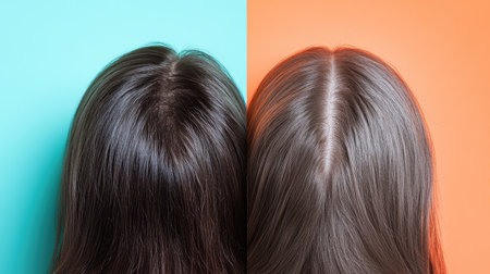 Transformation collage showing a woman hair before and after dandruff treatment on bright color backgrounds. Visual contrast between flaky and clean scalp.の素材