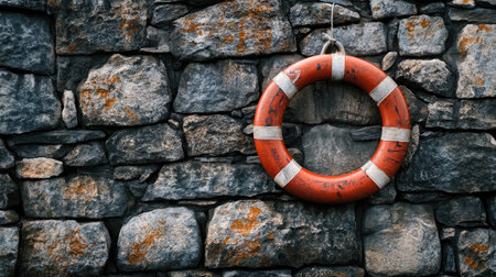 Stone wall backdrop with a prominently displayed life ring, highlighting its role in providing safety and rescue at sea.の素材