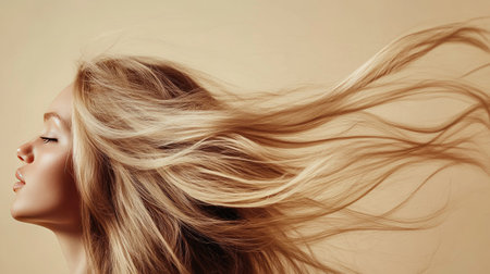 Wavy, lively hair flowing freely on a beige backdrop, capturing the essence of natural, dynamic beauty in a minimalist setting.の素材