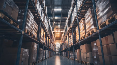 View of inventory storage in a modern logistics warehouse with high shelves and organized pallet stacks. Highlights inventory management and warehouse efficiency.の素材