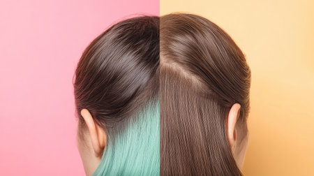 Woman hair before and after dandruff treatment displayed in a collage with colorful backgrounds. Focus on scalp condition changes with visible reduction of flakes.の素材