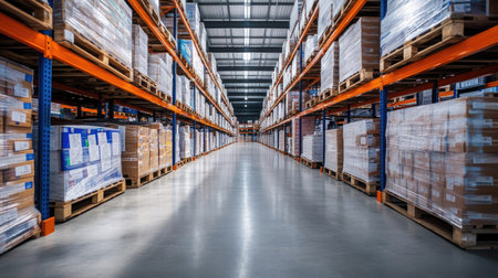Wide-angle view of stored inventory in a modern logistics warehouse with neatly organized shelves and pallets, showcasing efficient warehouse management.の素材