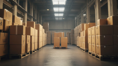 Warehouse environment featuring cardboard boxes on pallets, illustrating the logistics of package shipment and freight delivery preparation.の素材