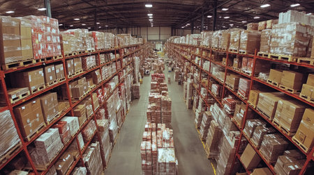 Wide-angle view of a bustling logistics warehouse with shelves filled with packages, showcasing the organized and efficient nature of the supply chain operations.の素材