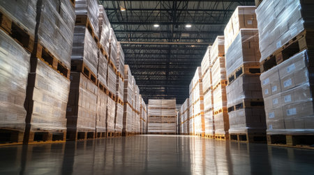 Warehouse interior with stacked pallets of plastic-wrapped cartons. Perfect for illustrating storage solutions, supply chain logistics, and distribution strategies.の素材