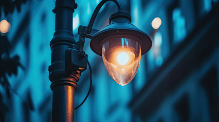 View of a CCTV security camera installed on a street lamp, monitoring public spaces. Highlights its importance in urban safety and crime prevention.の素材