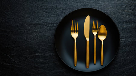 Top-down view of gold cutlery, including knives and forks, placed elegantly near a black plate on a dark surface. The minimalistic style reflects luxury dining.の素材
