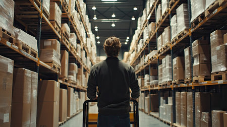 Warehouse worker operating a hand pallet truck to transfer products from shelves to shipping areas. Perfect for showcasing logistics, storage, and shipping operationsの素材
