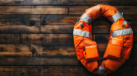 Wooden background features an orange life jacket and lifebuoy, highlighting their crucial role in providing safety and rescue in maritime environments. -の素材