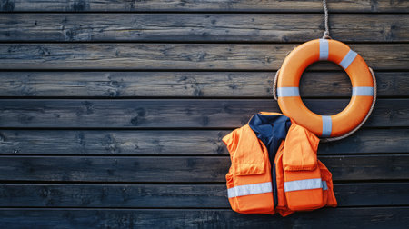 Wooden background features an orange life jacket and lifebuoy, highlighting their crucial role in providing safety and rescue in maritime environments. -の素材