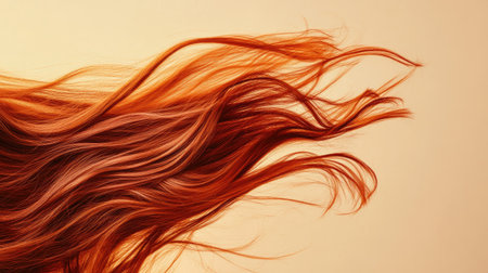 Vibrant hair strands lifting naturally in a playful motion on a beige backdrop, highlighting liveliness and healthy bounce.の素材