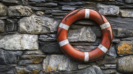 Vintage life ring fixed to a stone wall, capturing the essence of maritime rescue tools and their integration with rustic settings.の素材