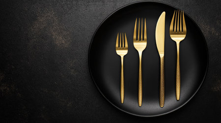 Top-down view of gold cutlery, including knives and forks, placed elegantly near a black plate on a dark surface. The minimalistic style reflects luxury dining.の素材